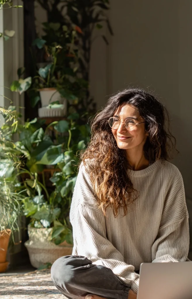 Adult woman in Boise Idaho sitting in natural light, representing healing, emotional balance, and mental health support