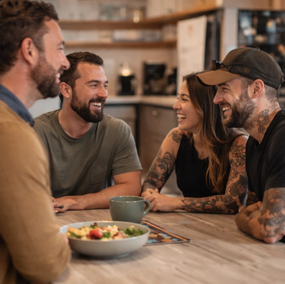 addiction recovery programs boise. Adults in recovery connecting in a structured sober living program focused on accountability and peer support in Idaho