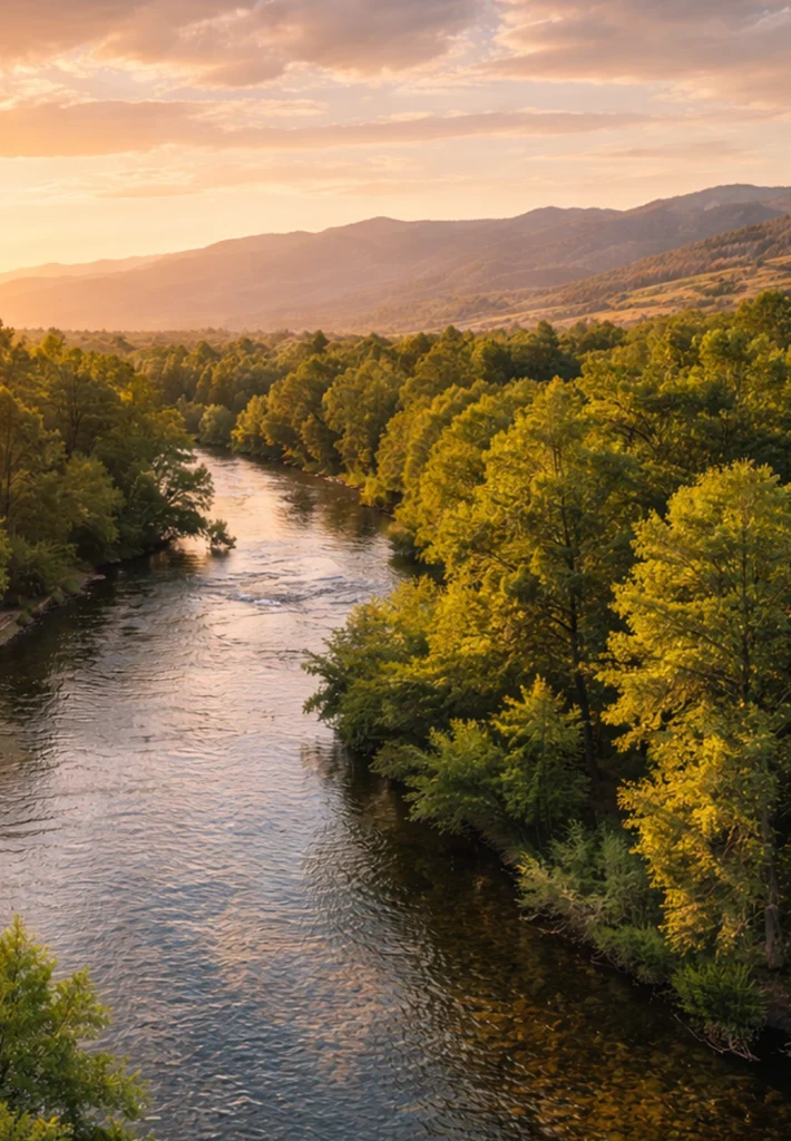 Aerial view of the Boise River winding through green trees and foothills at sunset, creating a calm, peaceful environment.