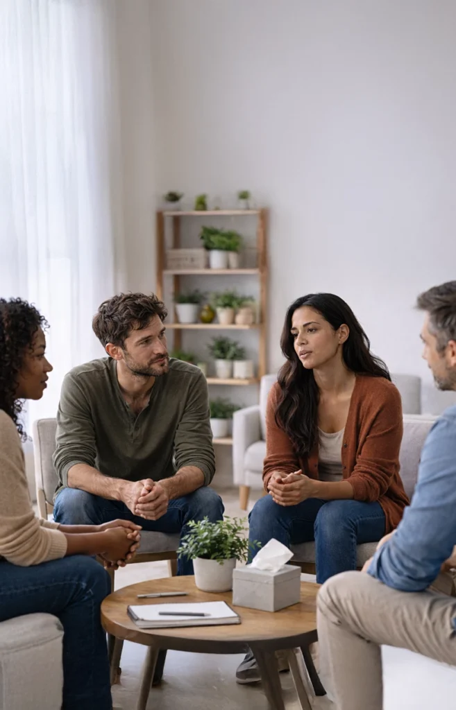 Small group of adults participating in outpatient behavioral health care during a structured therapy session in Boise Idaho