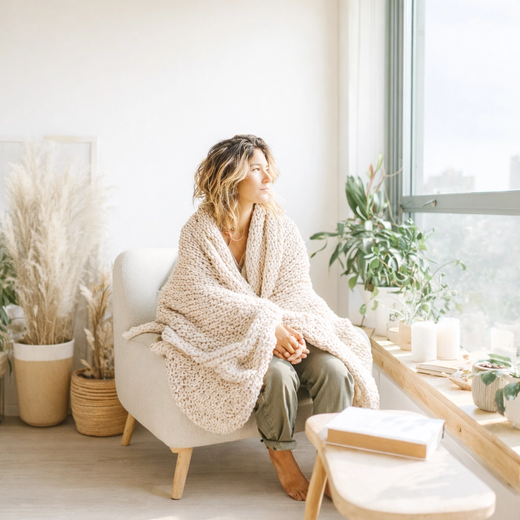 Woman sitting by a bright window wrapped in a blanket, reflecting emotional heaviness and seeking depression treatment support in Boise Idaho