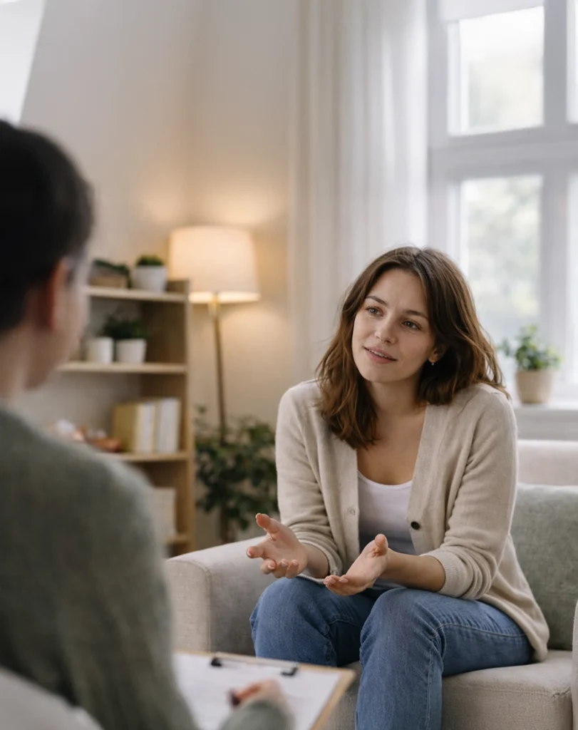Therapist speaking with adult client during outpatient counseling session