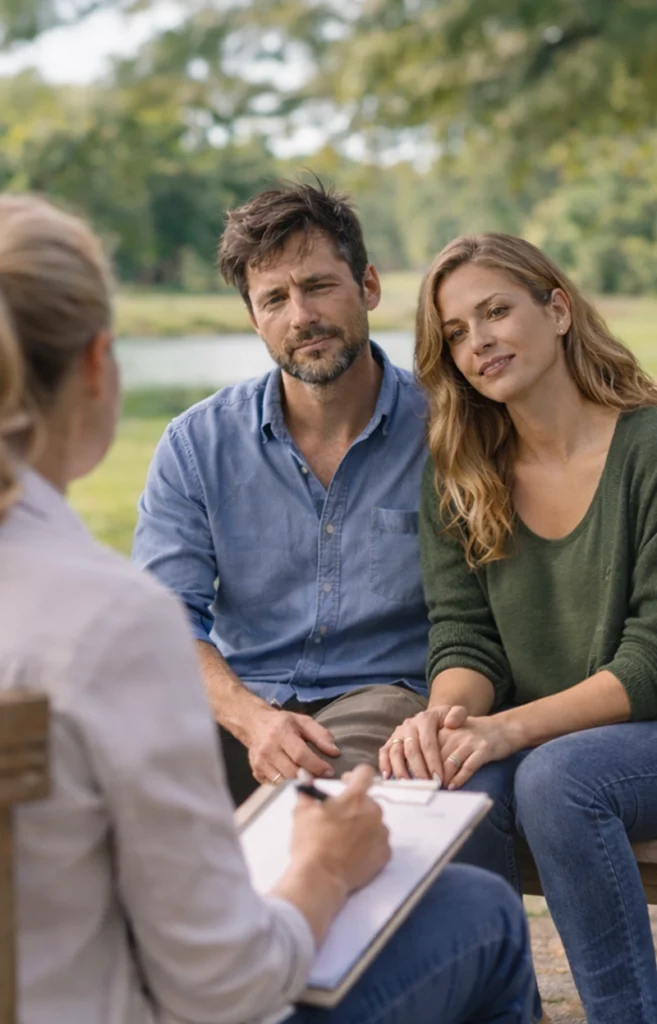 Adult couple meeting with a counselor outdoors, representing outpatient behavioral health care that fits daily life in Boise Idaho
