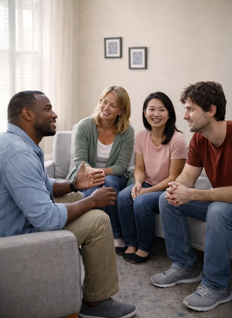 Four adults seated in a calm conversation during an outpatient behavioral health setting in Boise Idaho