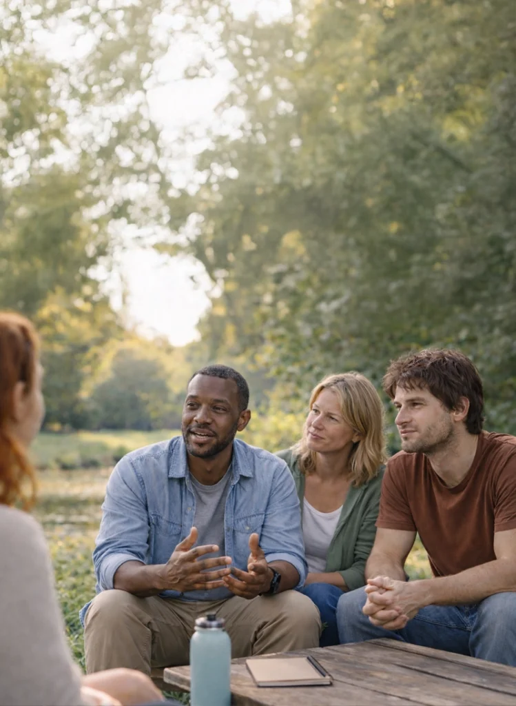 Adults sitting together outdoors in a calm conversation, representing outpatient behavioral health support in Boise Idaho