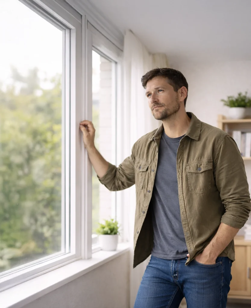 Man standing by a window in a bright outpatient office, looking outward thoughtfully during PTSD treatment in Boise, Idaho.