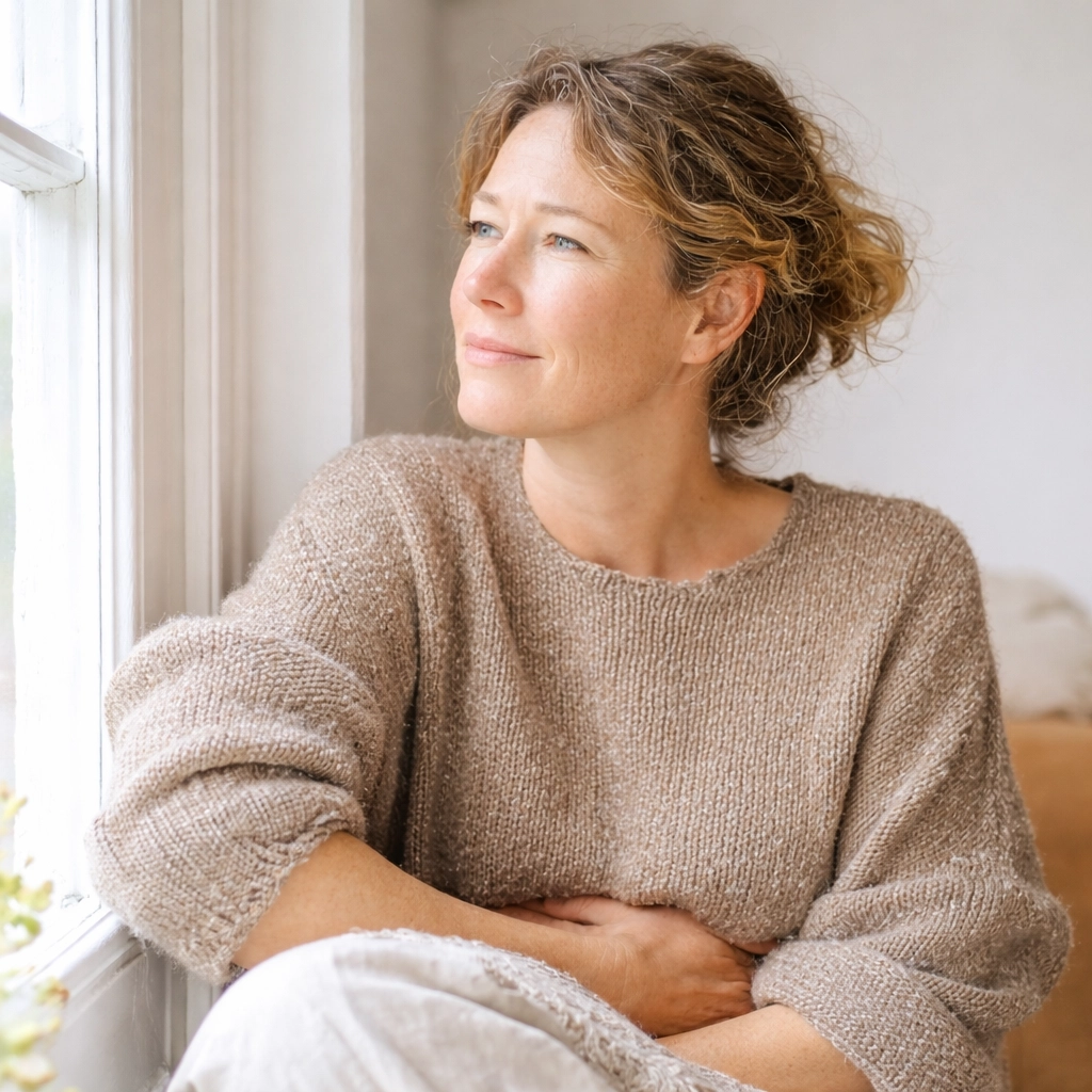 Adult woman sitting by a bright window with reflective expression, representing common signs of depression and seeking support in Boise Idaho