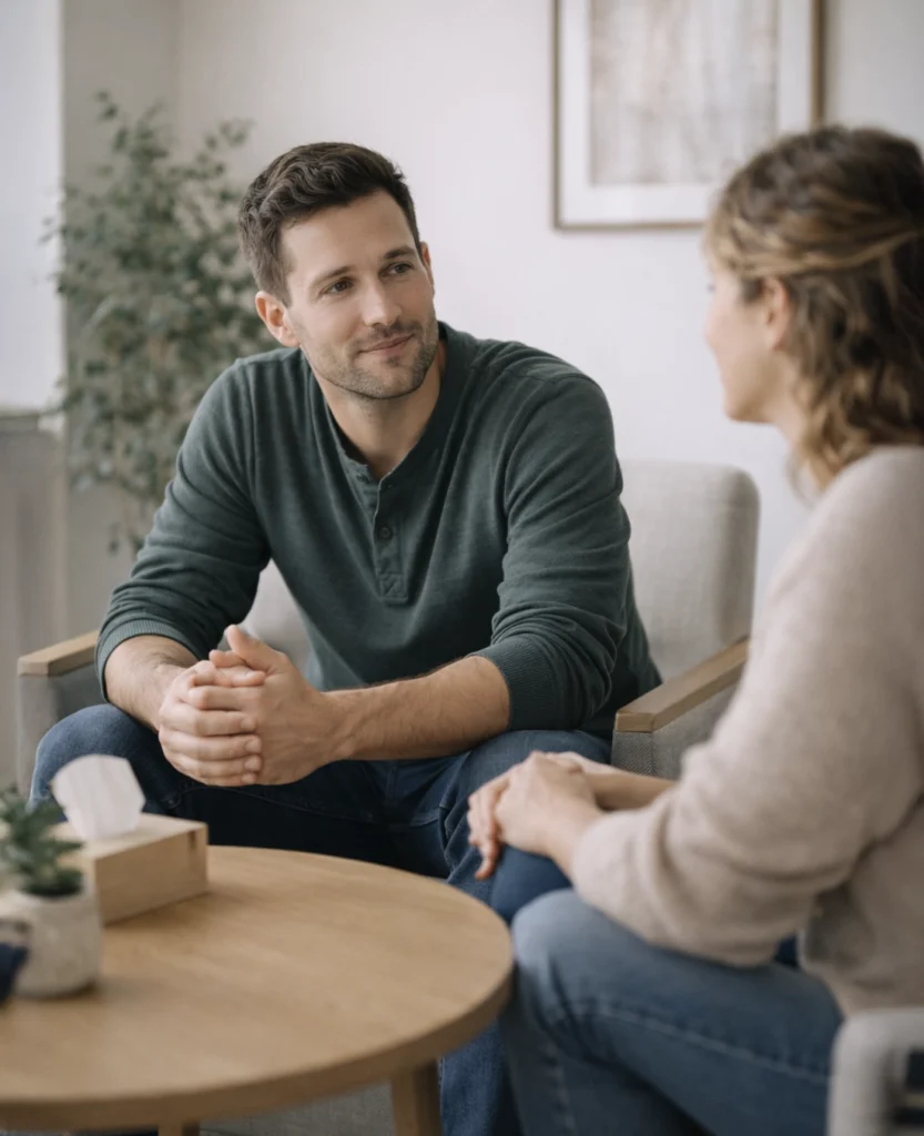Man and therapist seated in a calm, neutral-toned office setting, engaged in supportive conversation during a trauma-informed therapy session.