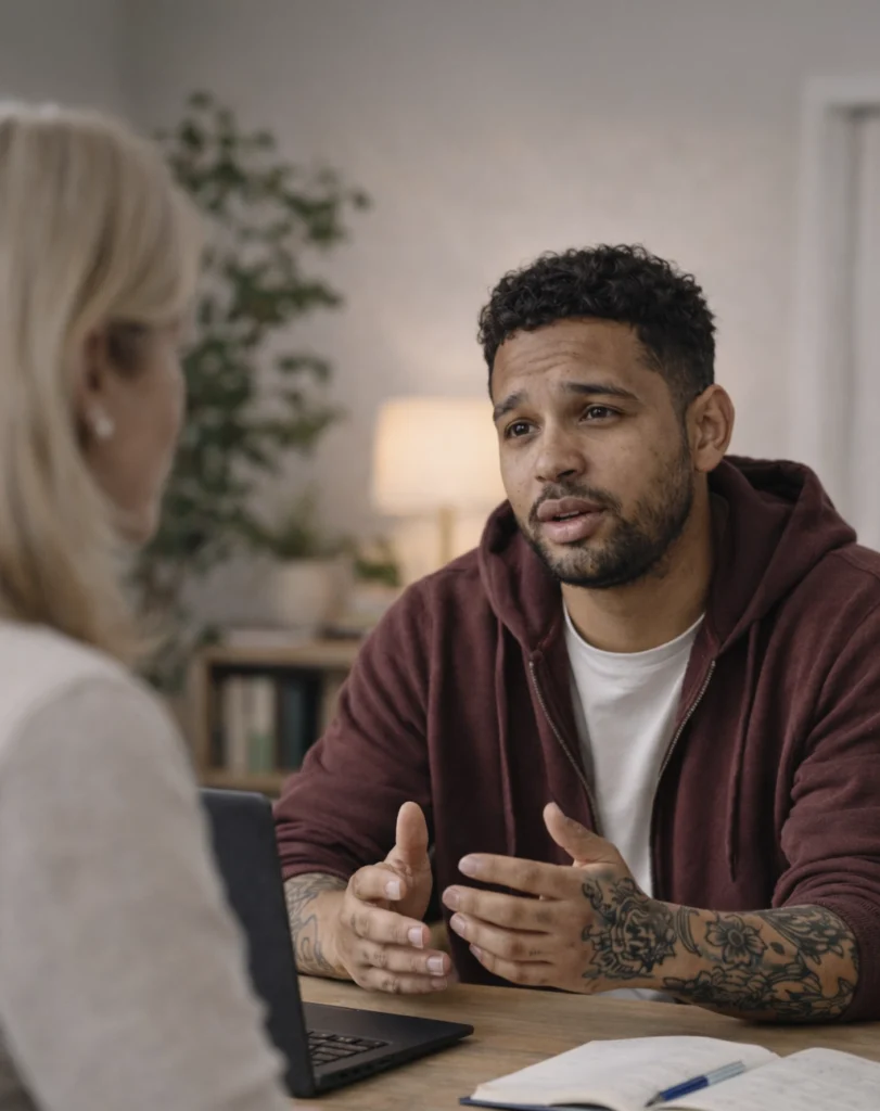 Young man speaking with a clinician during an outpatient mental health session in Boise Idaho