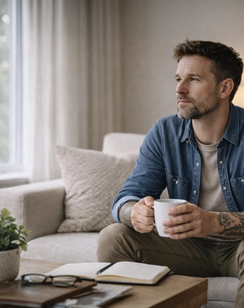 Man with arm tattoos sitting at home during outpatient mental health care, representing flexible support without inpatient disruption in Boise, Idaho