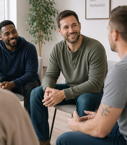 Adults participating in a supportive outpatient addiction treatment group session at an addiction treatment center in Boise, Idaho.