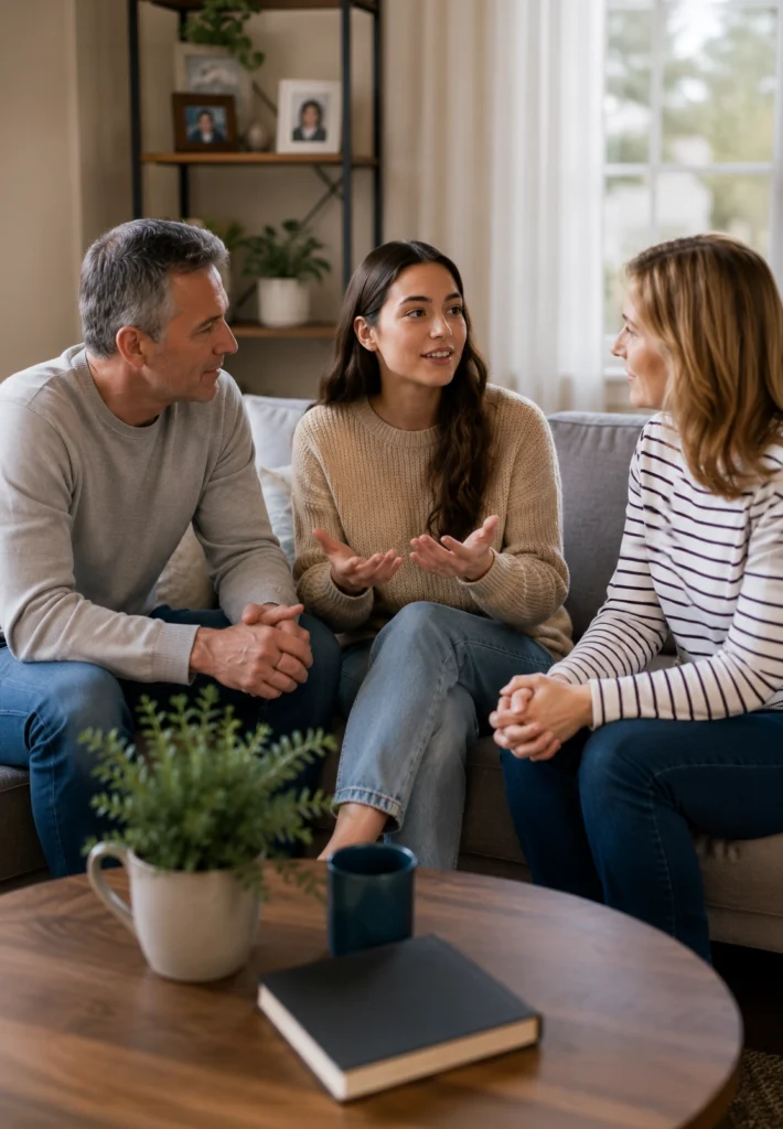 Family participating in a supportive recovery conversation in a comfortable Boise Idaho home setting