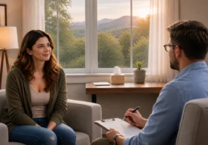 woman in outpatient therapy session speaking with counselor in a calm office setting in boise idaho